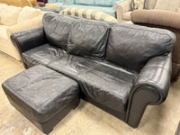 Black 3-Seater Leather Sofa w/ Ottoman