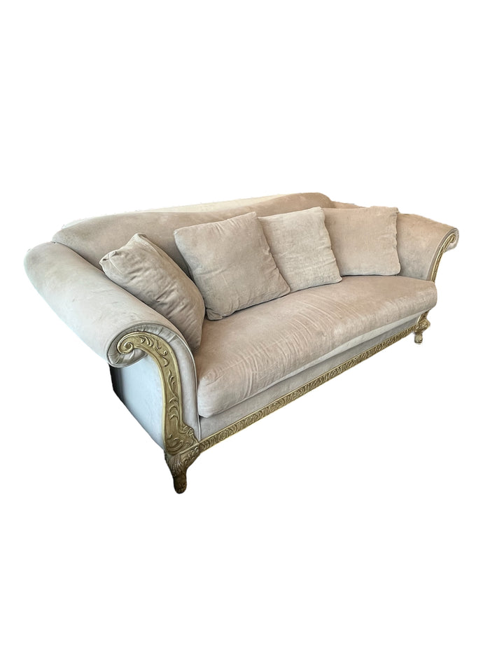 Scroll Arm Velvet Sofa With Carved Wood Frame Detailing