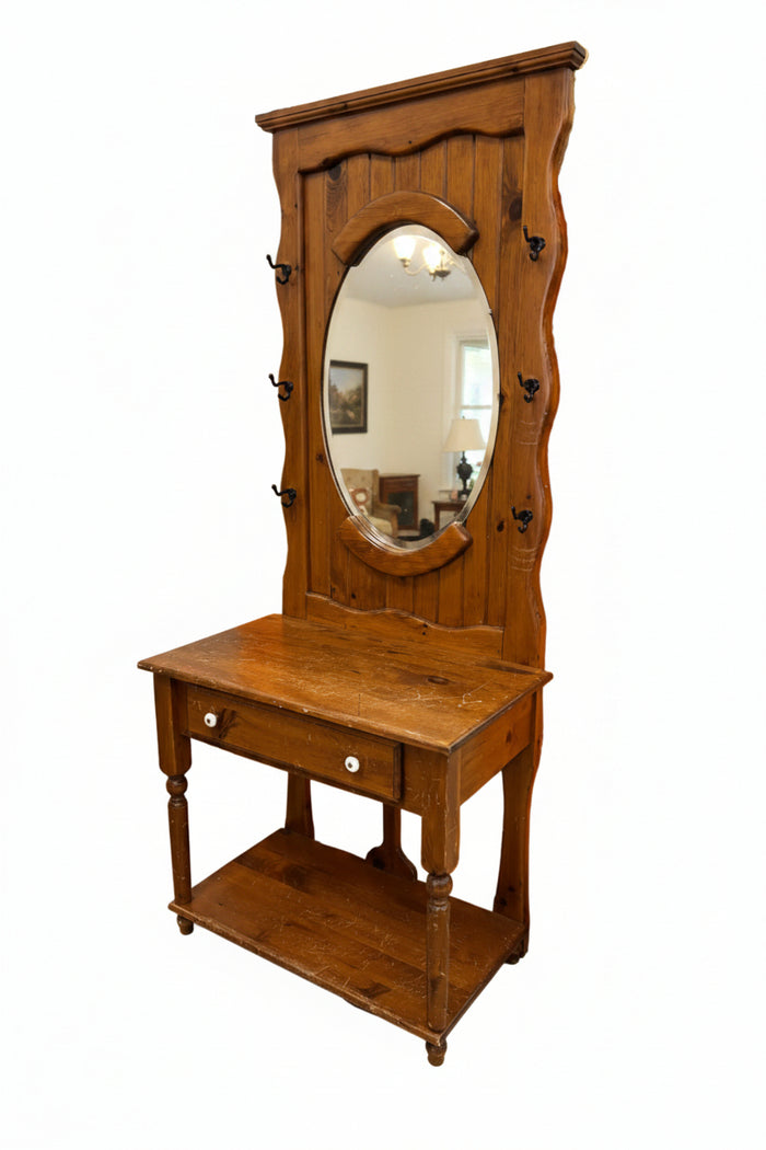 Large Wooden Hall Tree with Oval Mirror