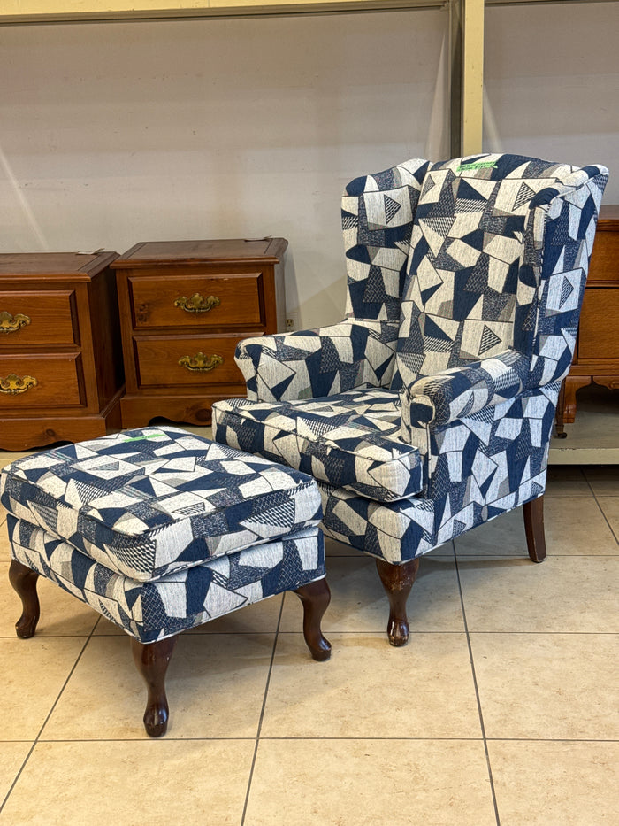 Geo Blue Wing Chair & Footstool