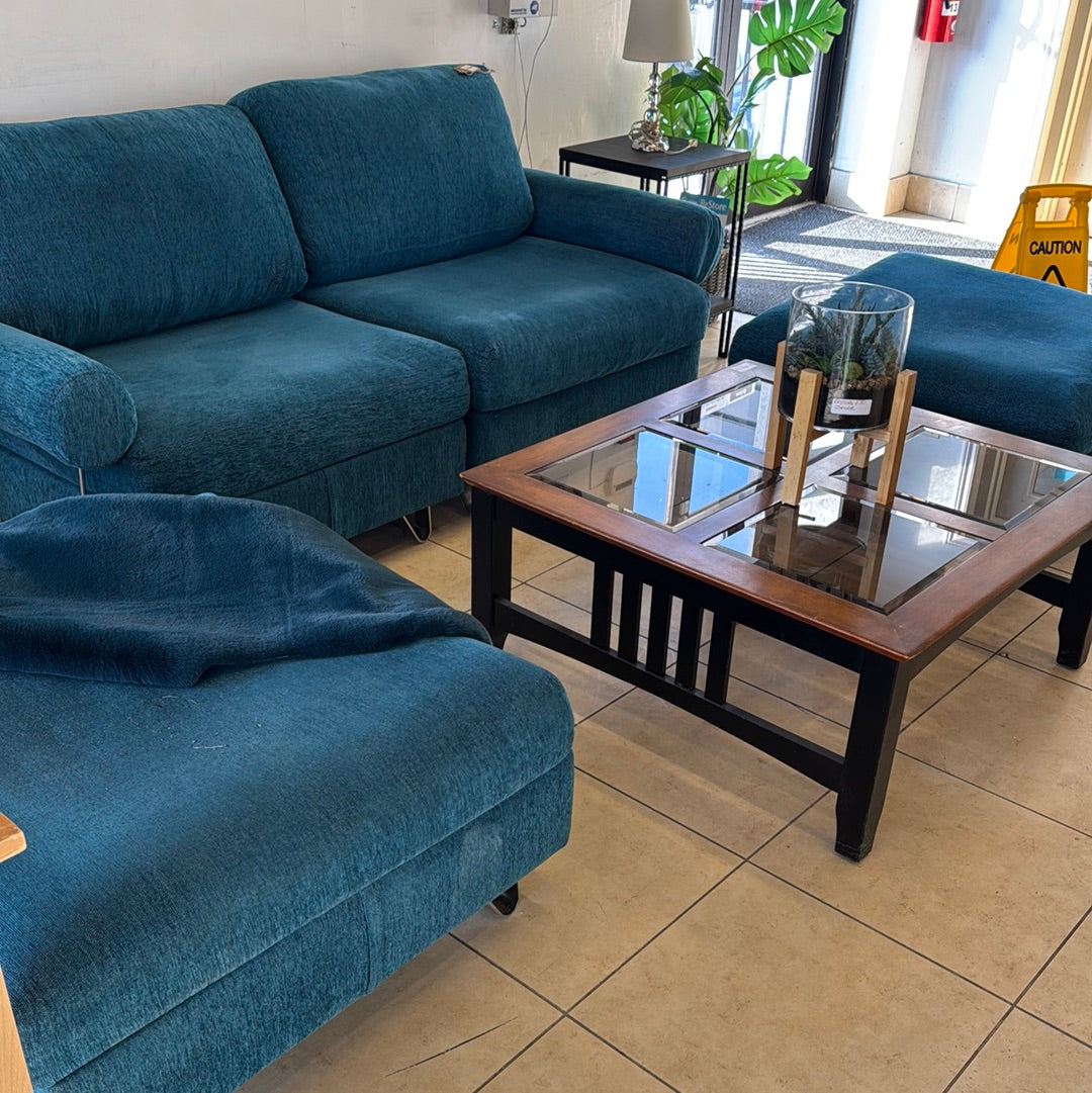 Turquoise Modular Loveseat With two Ottomans