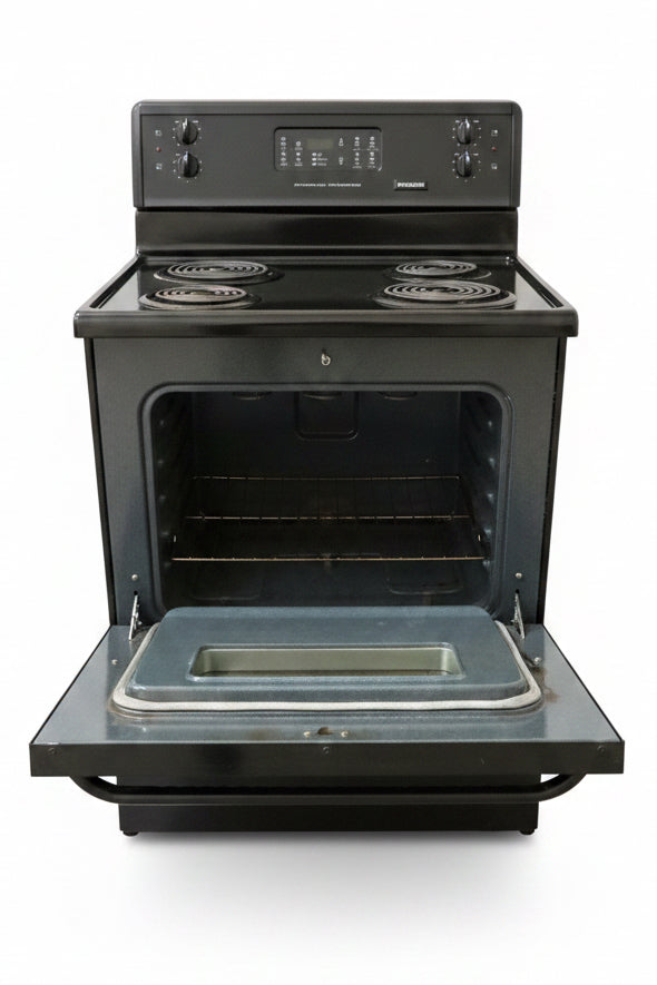 Frigidaire Freestanding Electric Range Features a 4-Burner Coil Cooktop, Electronic Oven controls, and a self-cleaning function.