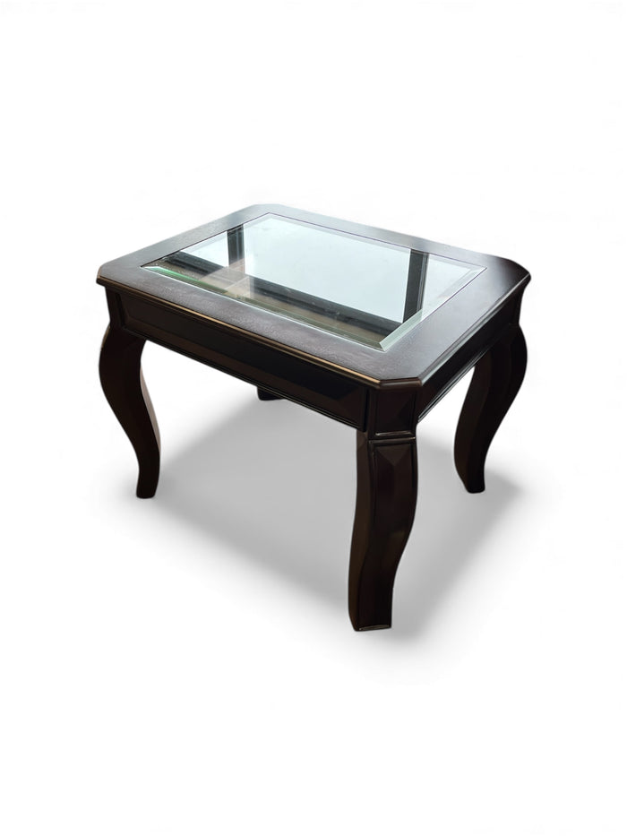 Glass Top Wood Accent Table with Sculpted Legs