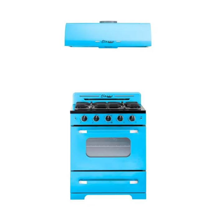 Classic Retro 30-inch Wide Range Hood and Gas Range with Convection Oven in Robin Egg Blue (2 Pcs)