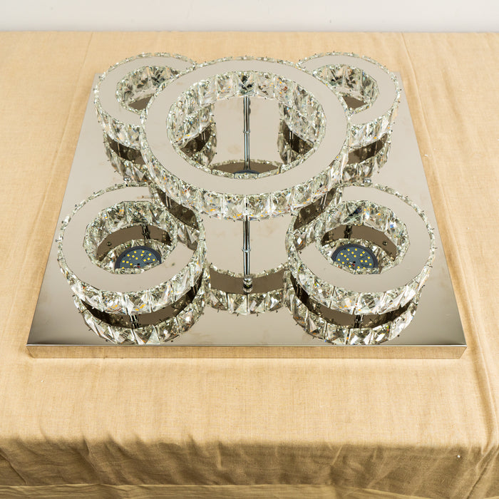 Modern Square Crystal Chandelier with Five Rings - 22.75"L