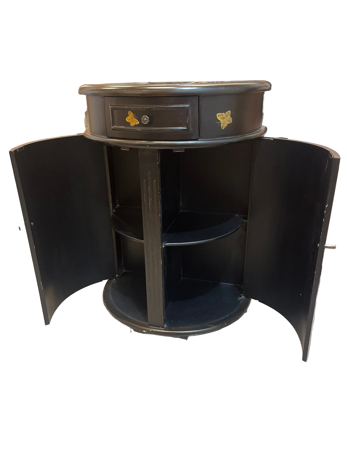 Hand Painted Black Floral Demilune Accent Cabinet