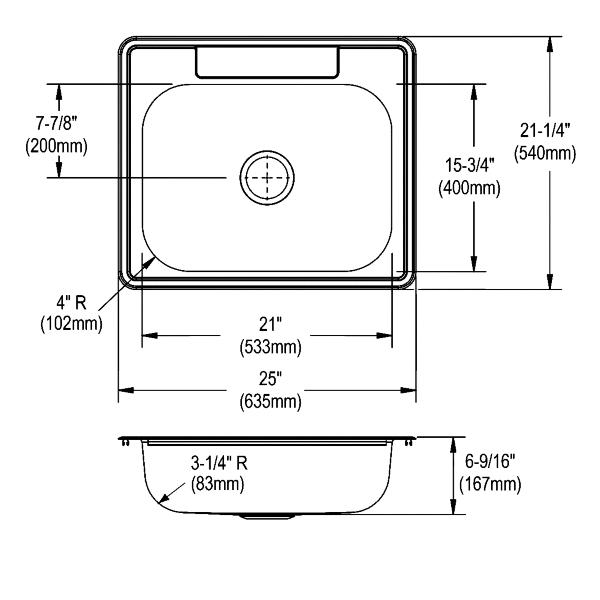 Dayton® Stainless Steel 25" x 21-1/4" x 6-9/16" 3-Hole Single Bowl Drop-in Sink