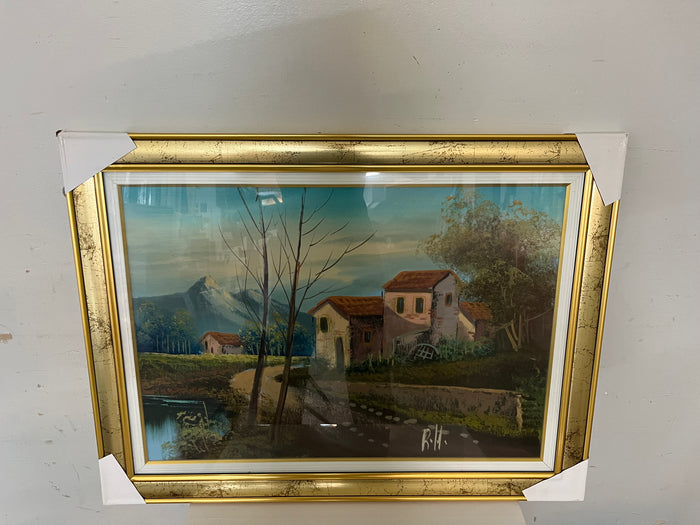 Framed Rustic Countryside Landscape Painting