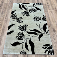 3x5-ft Floral Handmade Rug, Black on Beige, 100% Wool, 248