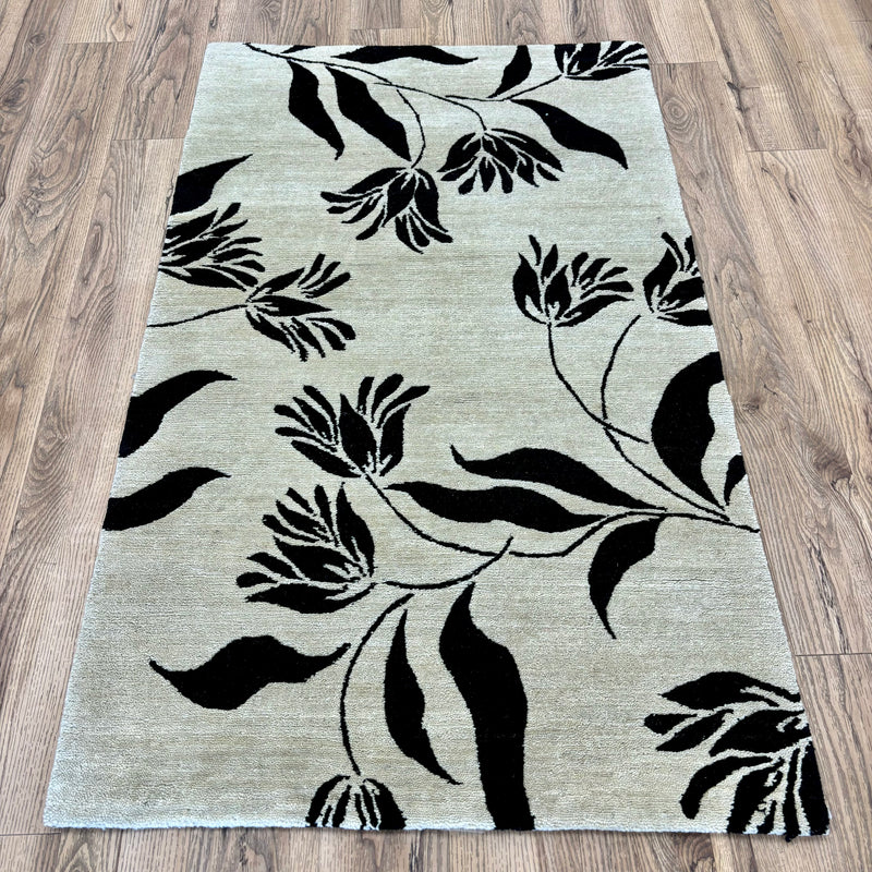 3x5-ft Floral Handmade Rug, Black on Beige, 100% Wool, 248