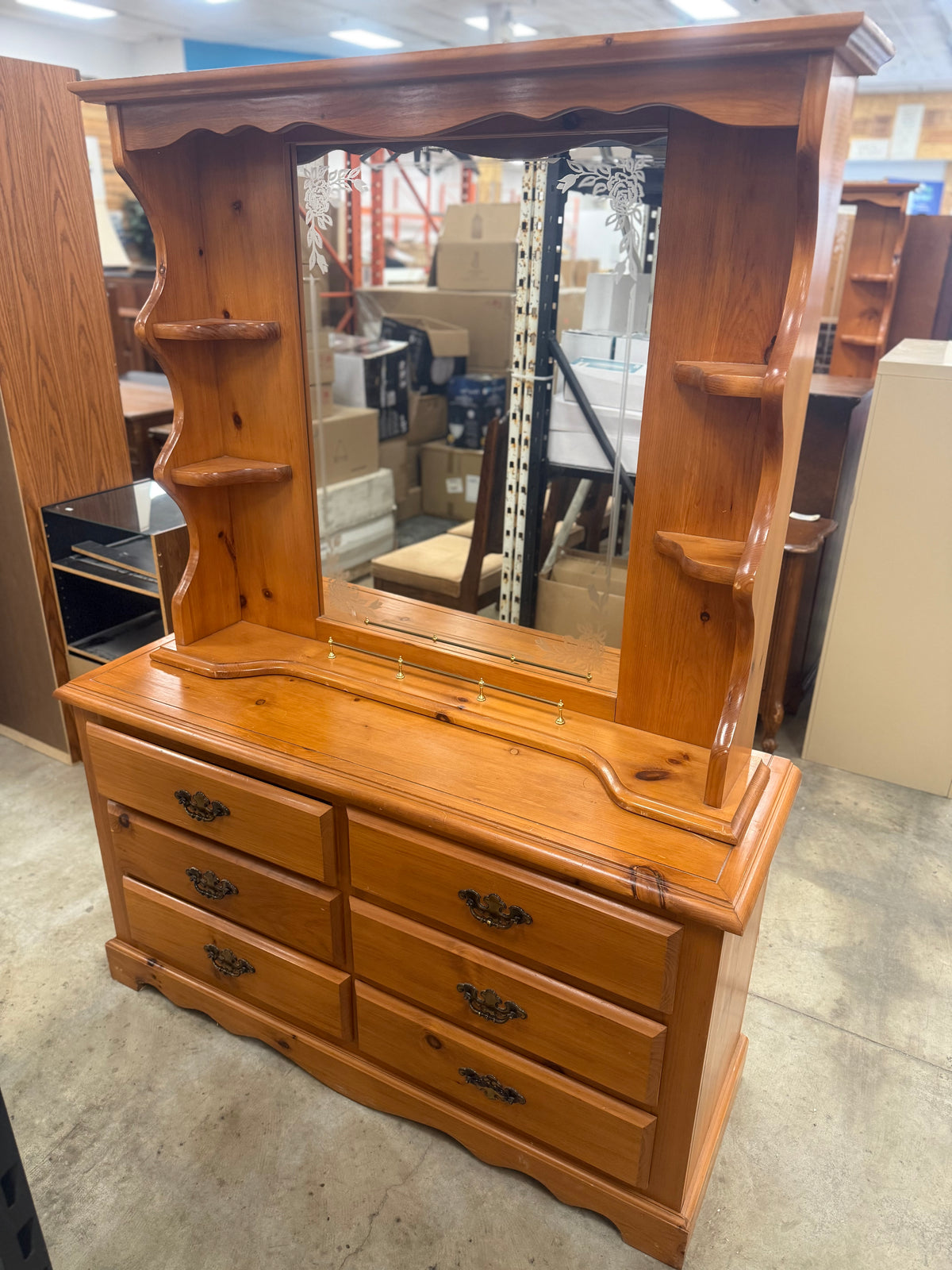 Rustic Solid Wood Dresser with Mirrored Hutch