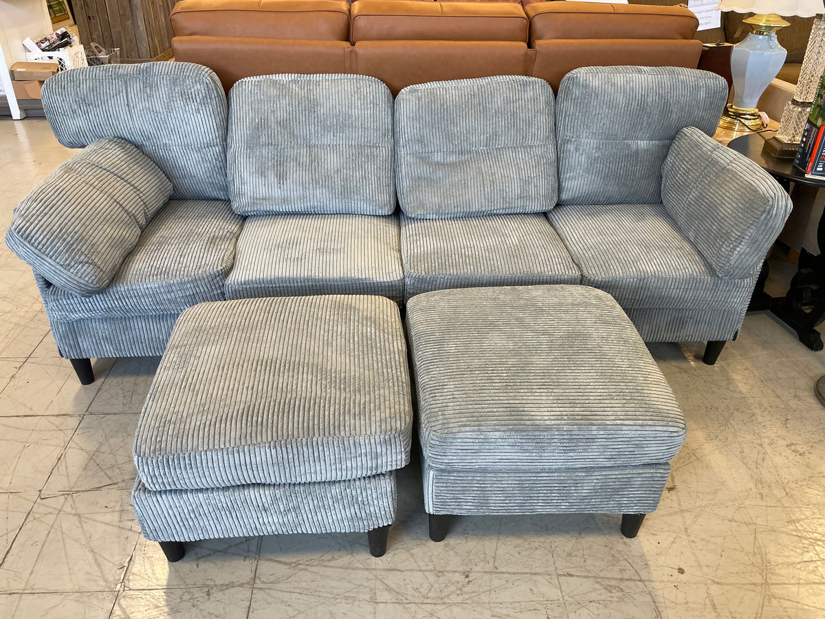 Modern 3-4 Seater Sofa in Grey Fabric with 2 Ottomans