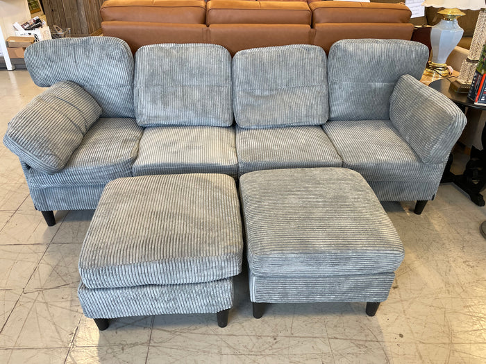 Modern 3-4 Seater Sofa in Grey Fabric with 2 Ottomans