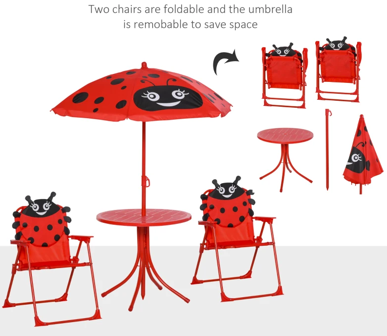 Kids Folding Picnic Table & Chair Set w/Adjustable Sun Umbrella