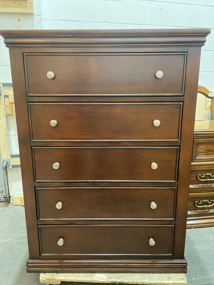 Dark Brown Tallboy Dresser with 5 Drawers and Silver Hardware