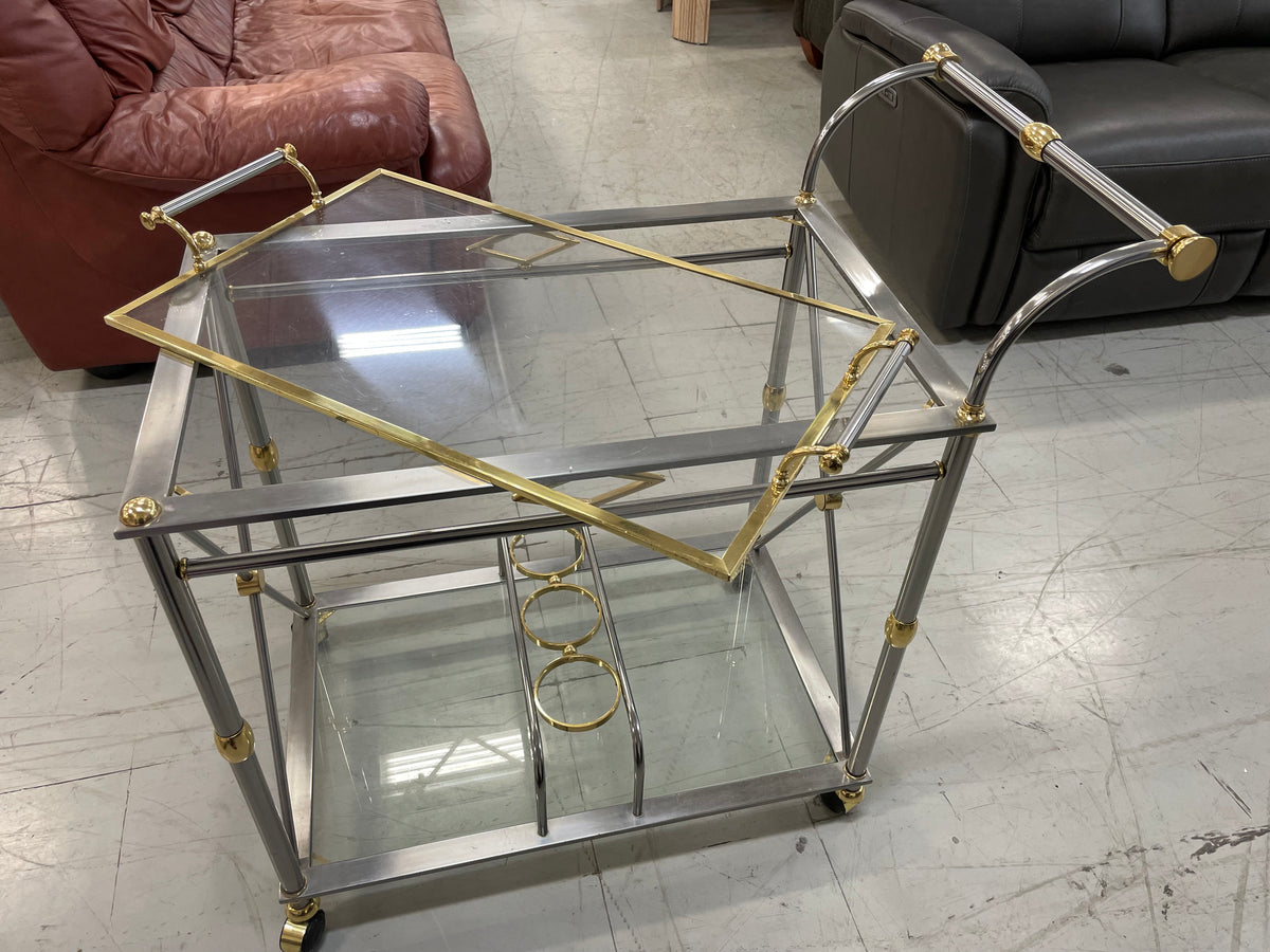 Brass-Glass-Chrome Serving Cart with Tray