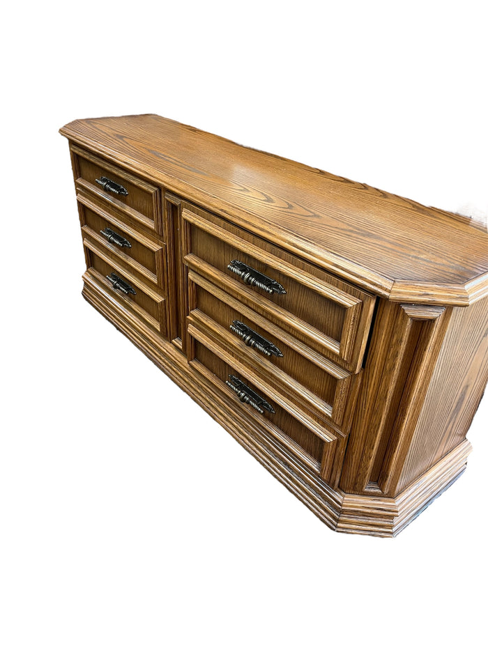 Oak Dresser With Beveled Corners and Brass Hardware