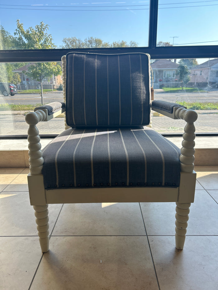 White Frame With Blue Striped Fabric Armchair