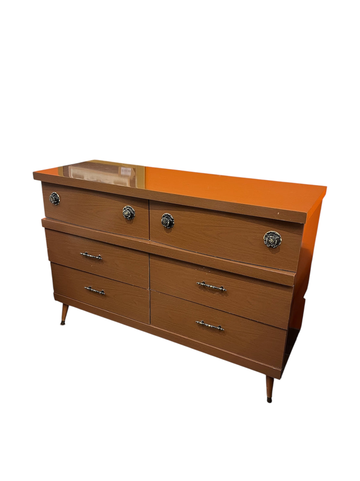 6 Drawer Dresser With Mixed Brass Hardware & Tapered Legs