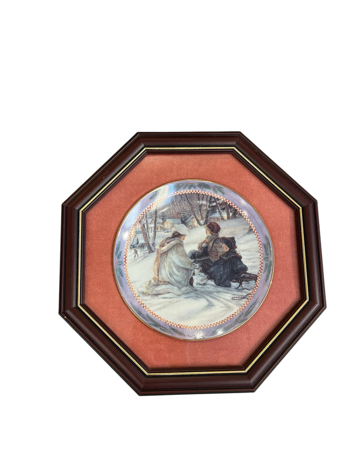 Framed Collector Plate- Winter Scene in Octagonal Display Frame