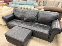 Black 3-Seater Leather Sofa w/ Ottoman