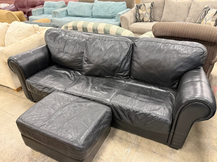 Black 3-Seater Leather Sofa w/ Ottoman