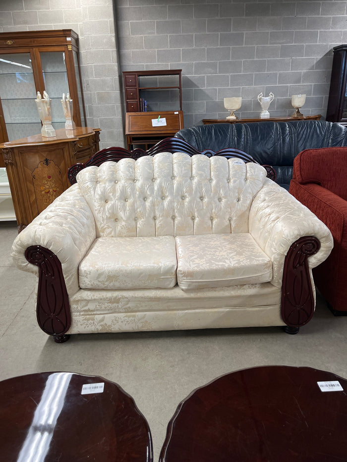 66"W Cream Satin Patterned Loveseat Sofa