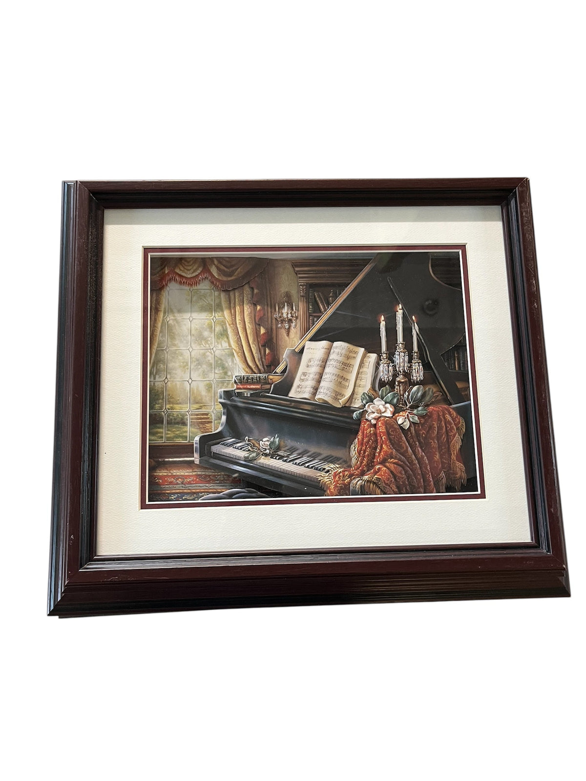 Grand Piano Diorama Shadowbox- White Background on Mahogany Red Wood Frame