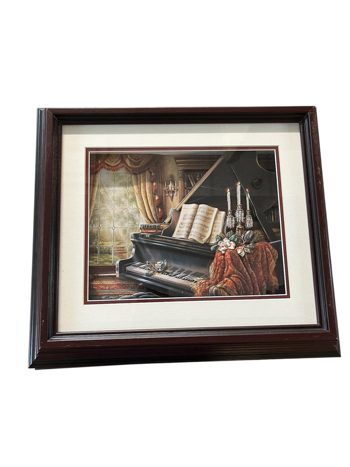 Grand Piano Diorama Shadowbox- White Background on Mahogany Red Wood Frame