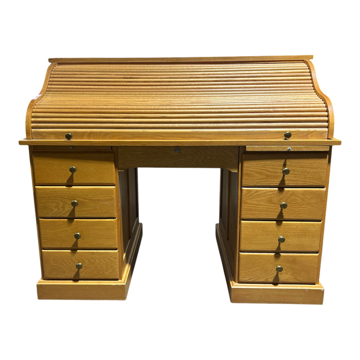 Honey-oak Roll-top Pedestal Desk