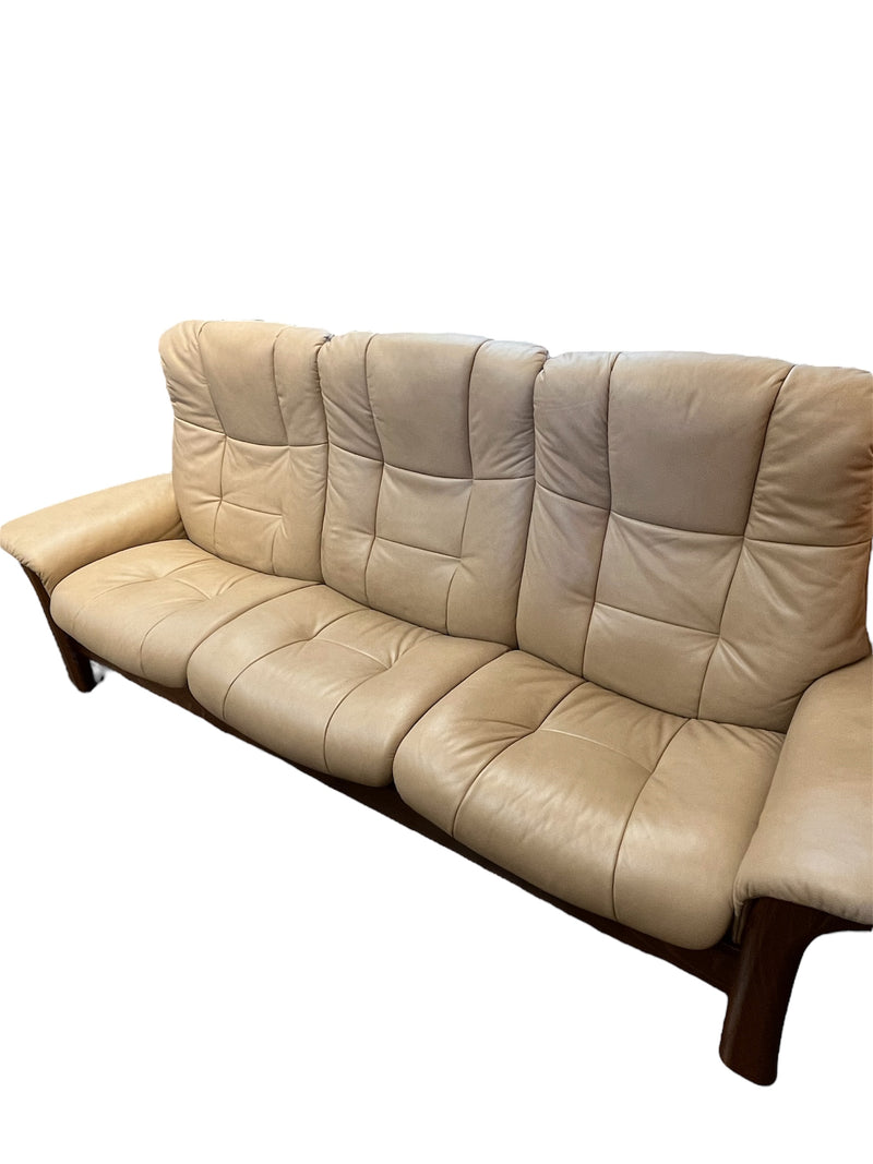 Beige Leather Reclining Sofa With Wood Frame