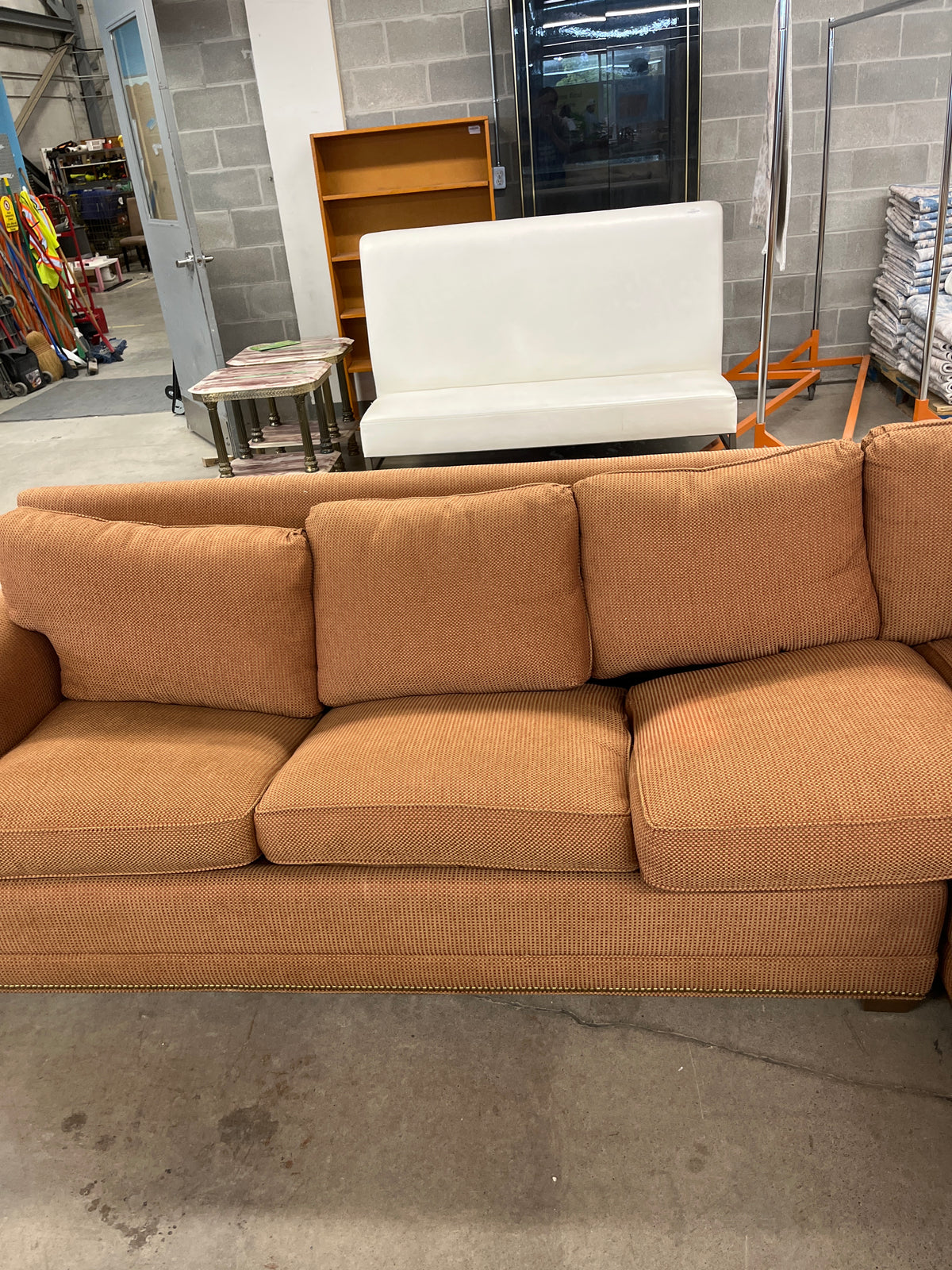 114" W Orange Woven Sectional Sofa