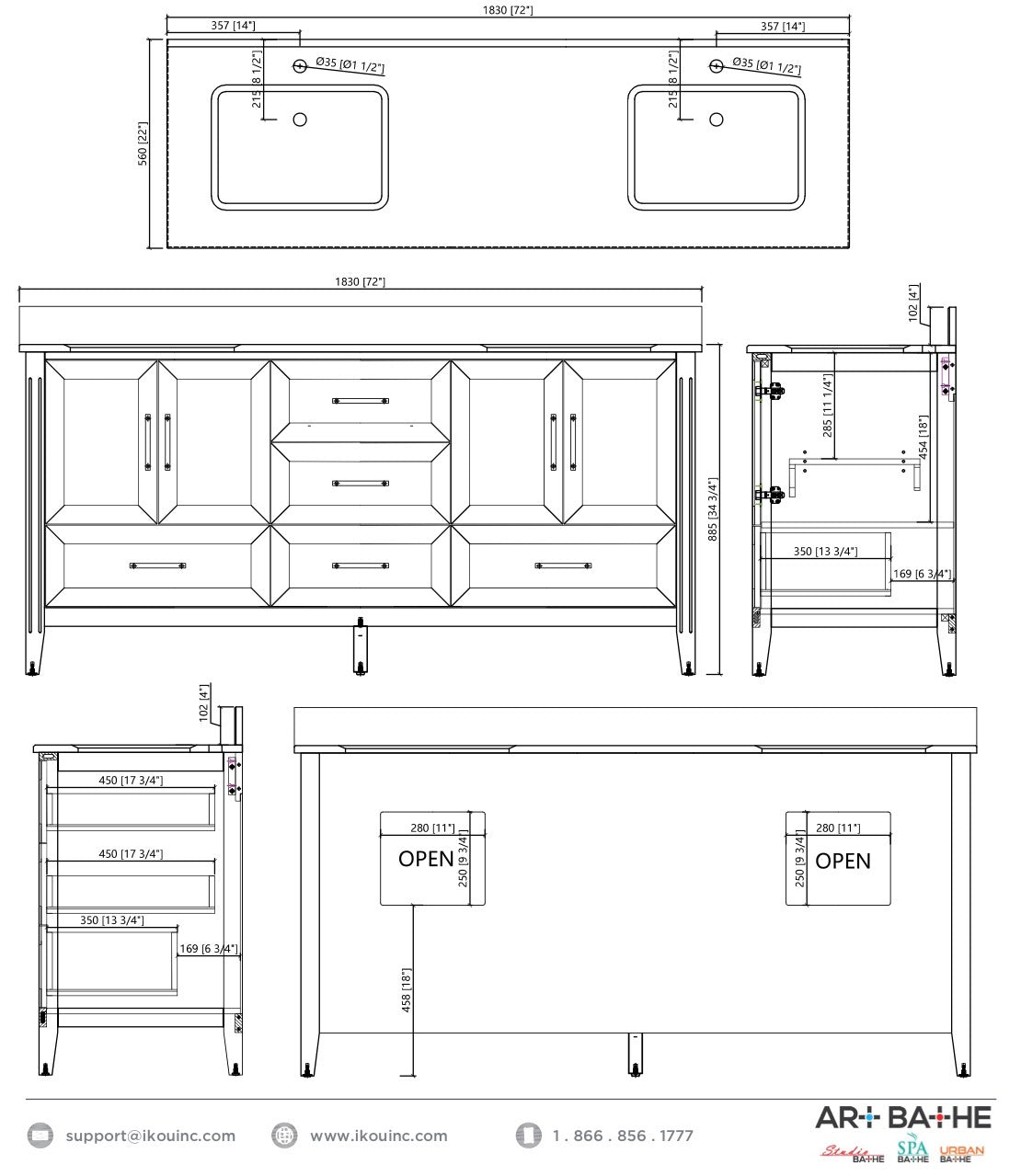 72"W White Ikou Bathroom Vanity Cabinet