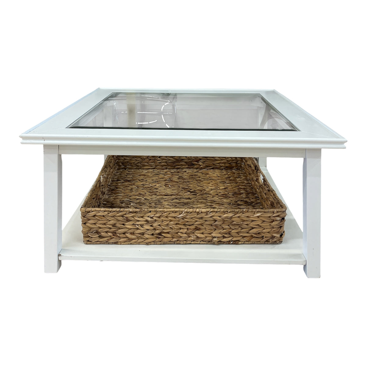 White Glass-Top Coffee Table w/ Woven Basket