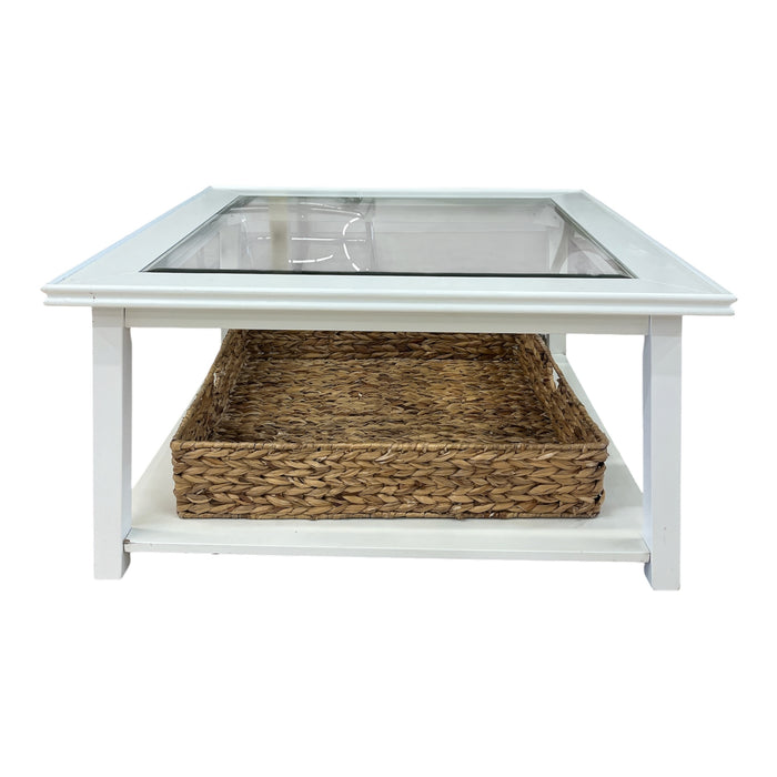 White Glass-Top Coffee Table w/ Woven Basket
