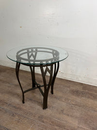 Glass Top Table with Bronze Metal Pedestal Base