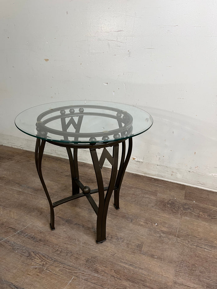 Glass Top Table with Bronze Metal Pedestal Base
