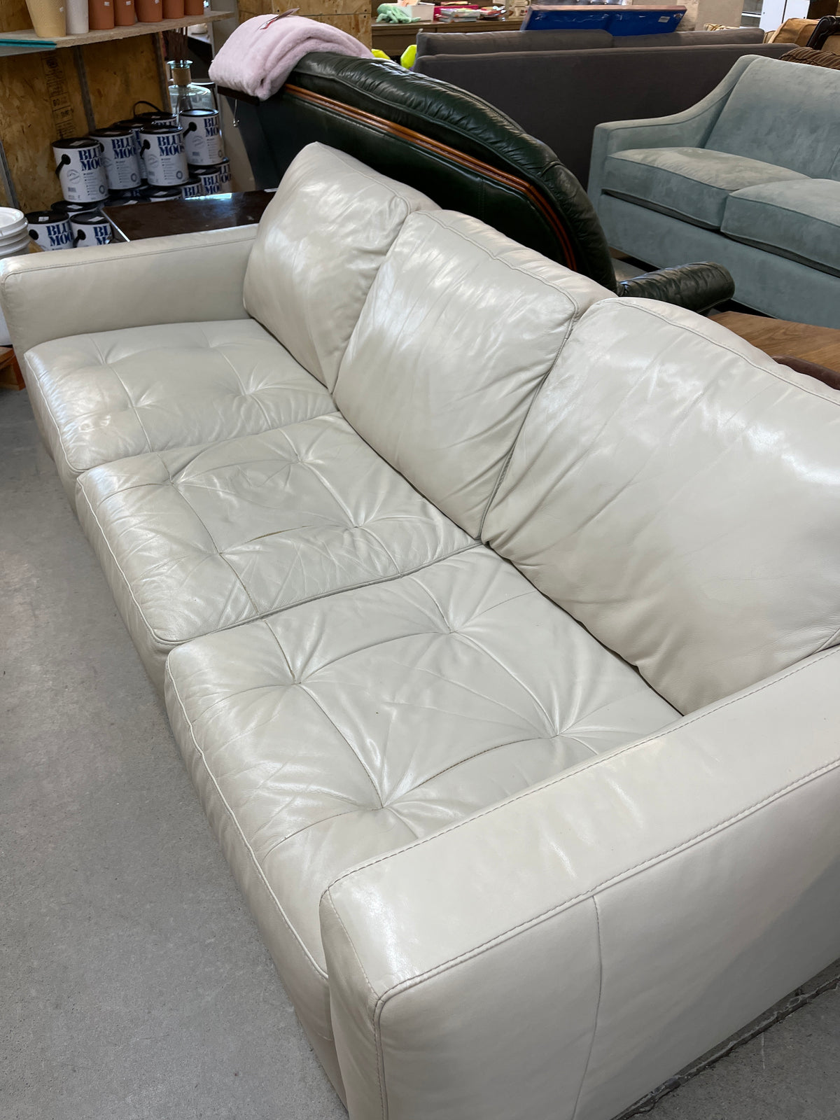84"W Off White Leather Sofa