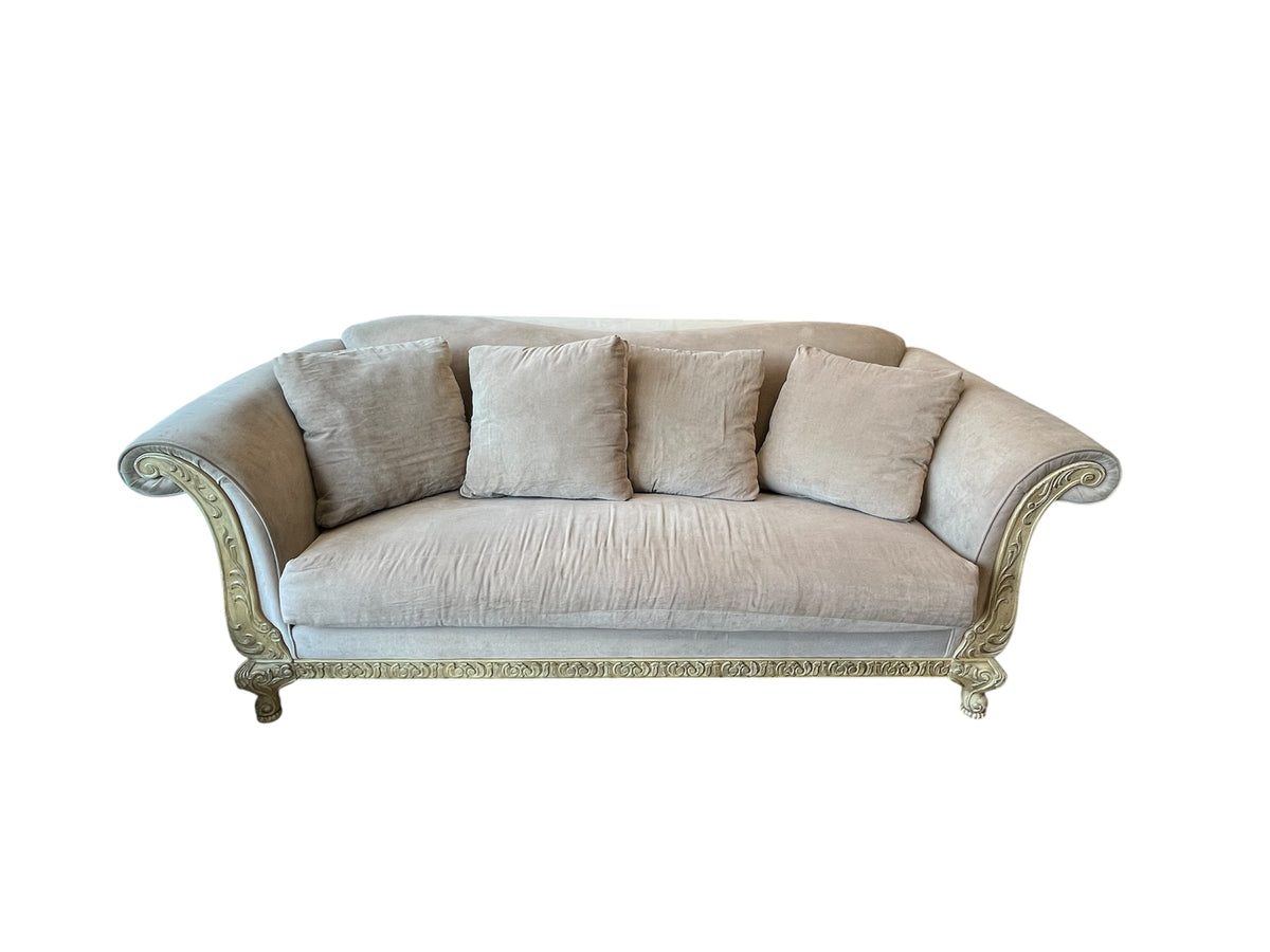 Scroll Arm Velvet Sofa With Carved Wood Frame Detailing