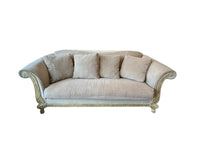 Scroll Arm Velvet Sofa With Carved Wood Frame Detailing