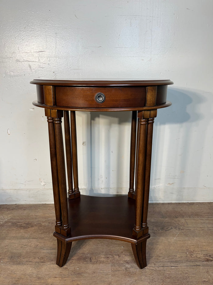 Elliptical Mahogany Accent Table With 1 Drawer & Lower Shelf Storage