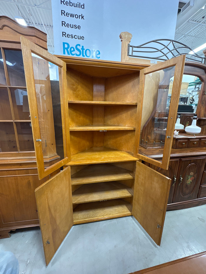 Vintage Honey-Toned Wooden Corner Cabinet