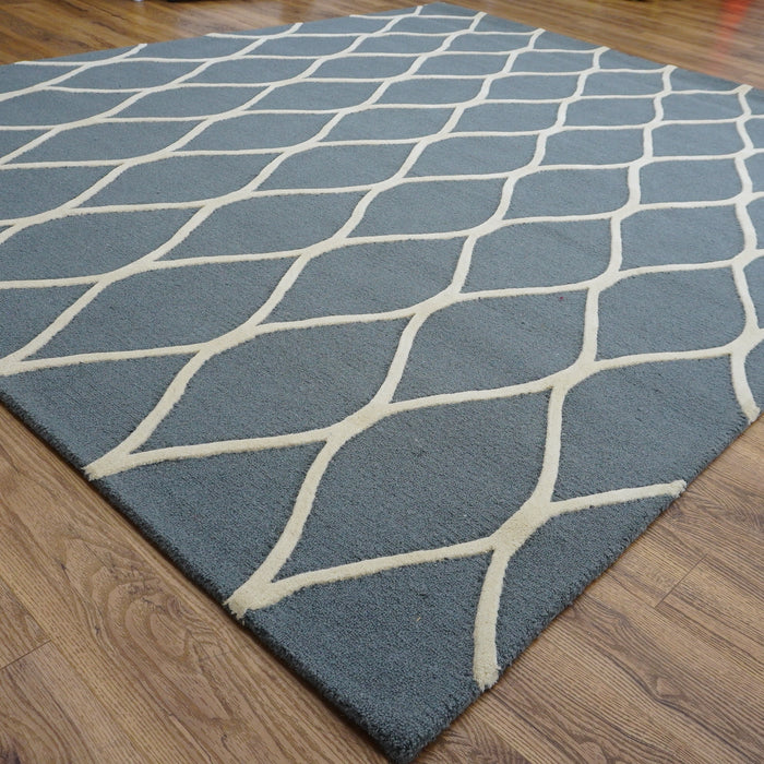 8×10-ft Wool Area Rug in Teal Grey Diamond Raised Pattern – 325, RUG112606