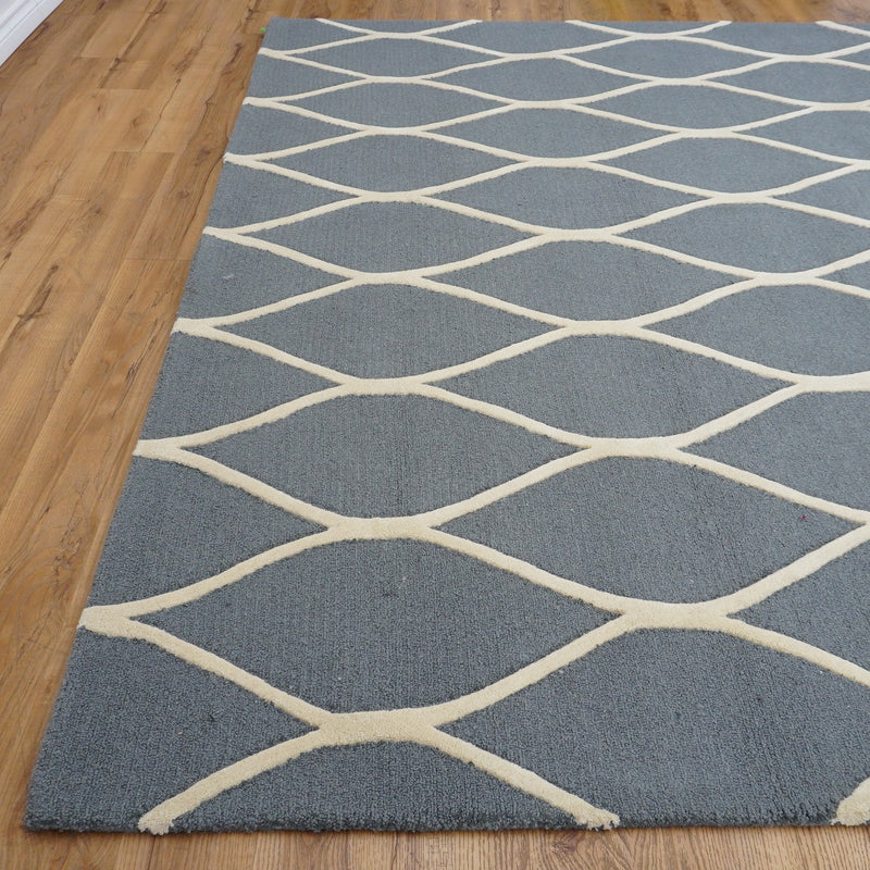 8×10-ft Wool Area Rug in Teal Grey Diamond Raised Pattern – 325, RUG112606