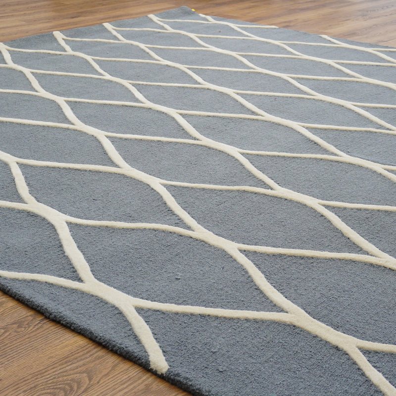 8×10-ft Wool Area Rug in Teal Grey Diamond Raised Pattern – 325, RUG112606