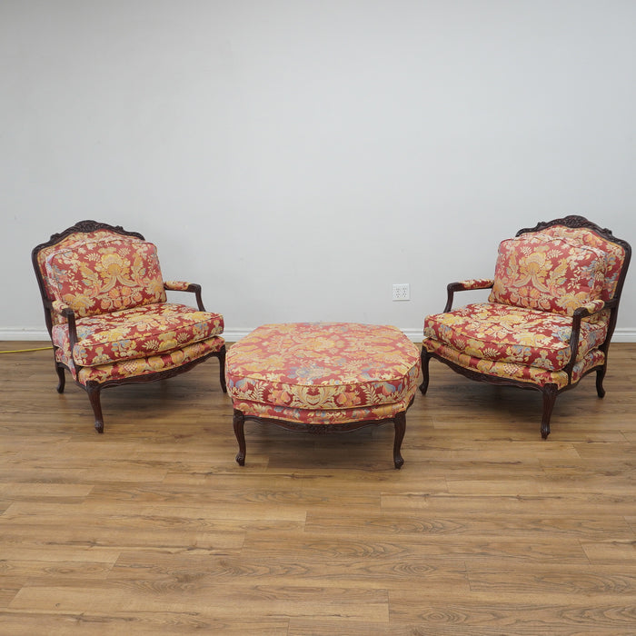 37-Inch Pair of Red Fabric Armchairs With Ottoman