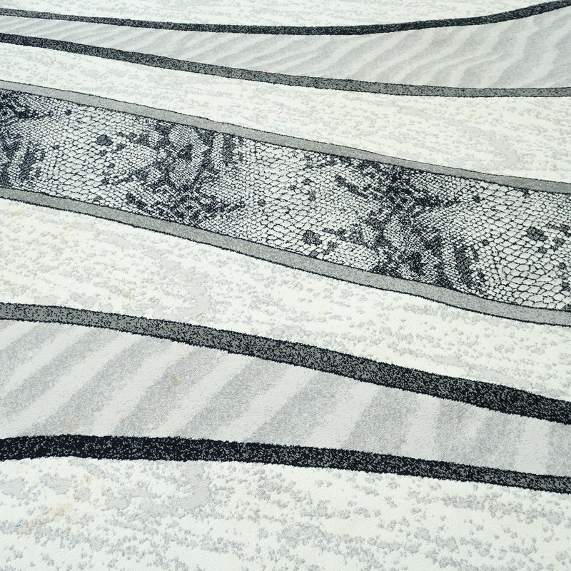 10.5 x 7.9 ft Abstract Wave Pattern Area Rug – Black, White & Gray