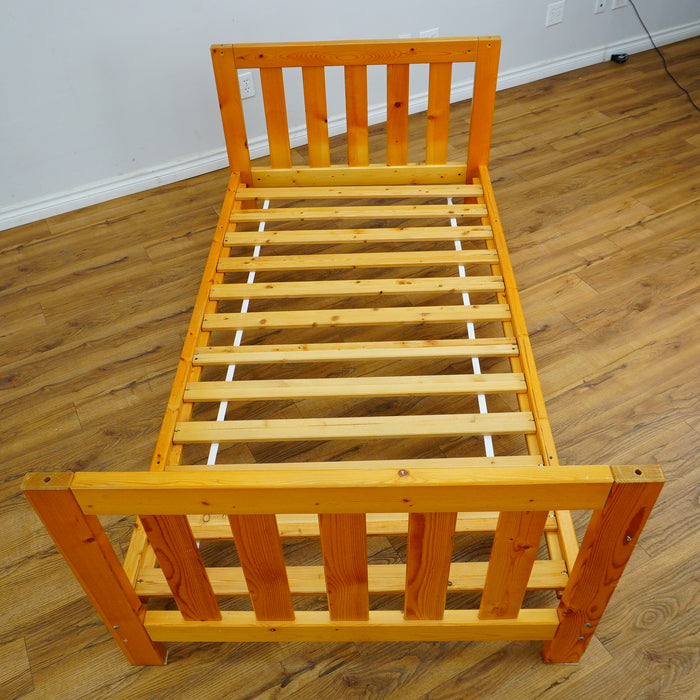 42 x 82 x 49-Inch – Light Brown Wood Bed Frame with Panel Headboard