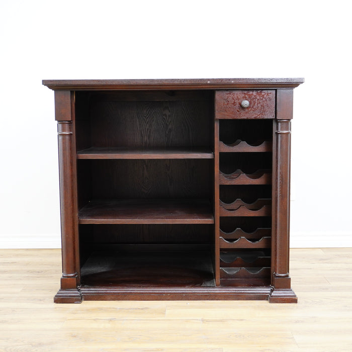 44-Inch W Bar Cabinet in Dark Wood with Open Shelves, Wine Rack