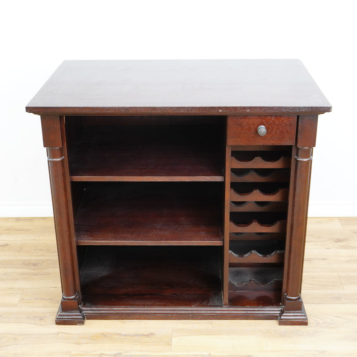 44-Inch W Bar Cabinet in Dark Wood with Open Shelves, Wine Rack